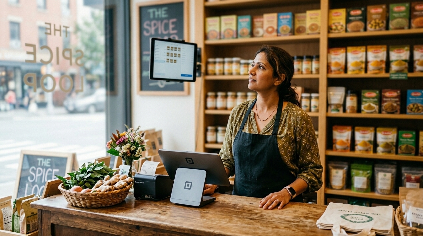 A South Asian woman small business owner reviews her wall-mounted tablet at the counter of her specialty grocery store, preparing to organize funding documents