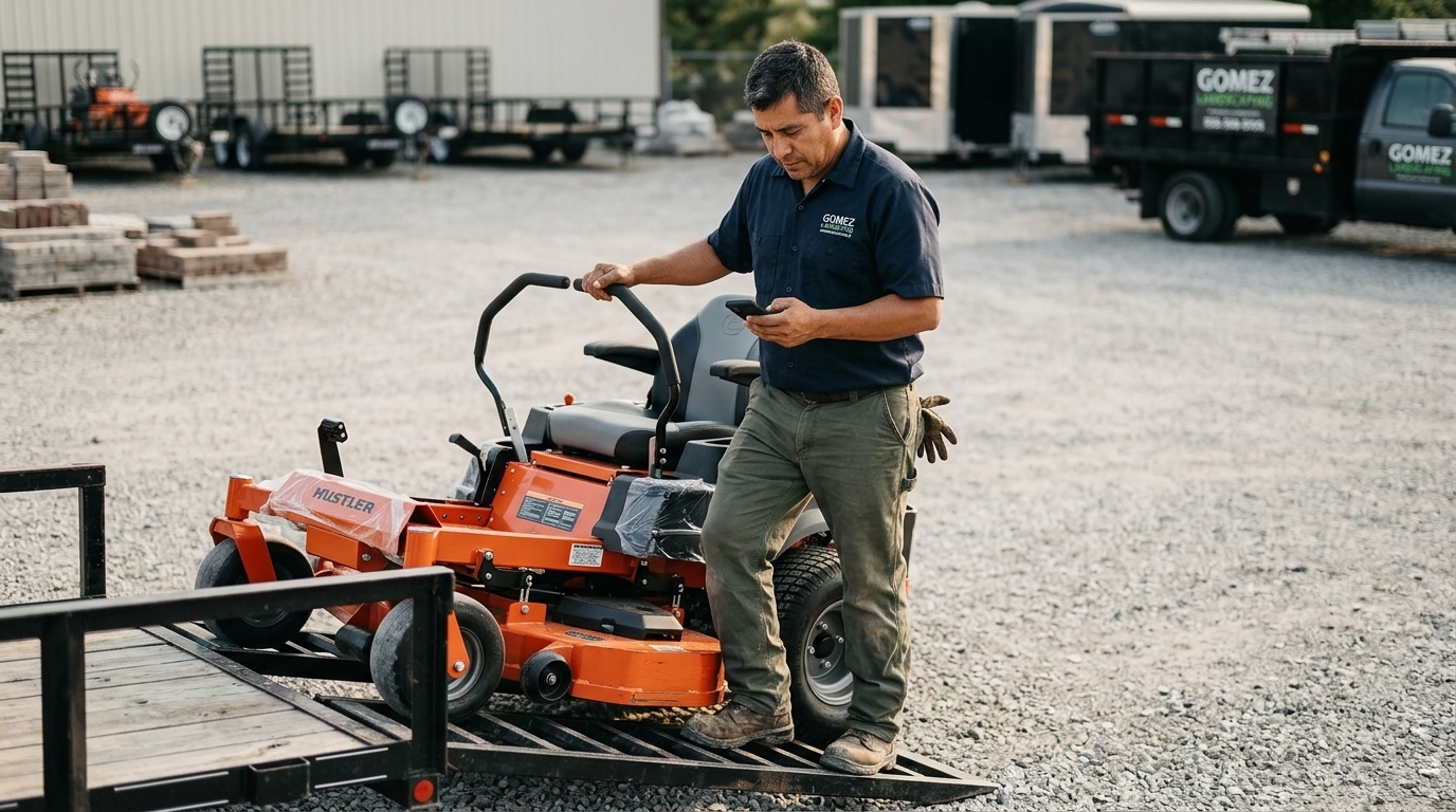 Landscaping owner loading a new zero-turn mower onto his trailer