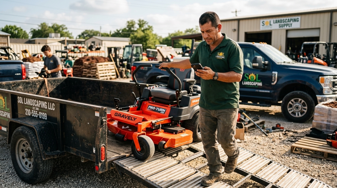 Landscaping business owner loading a new zero-turn mower onto his trailer, phone in hand