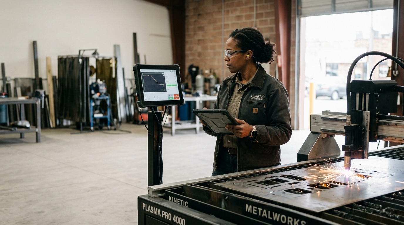 Metal-fabrication shop owner monitoring her new CNC plasma cutter on its touchscreen