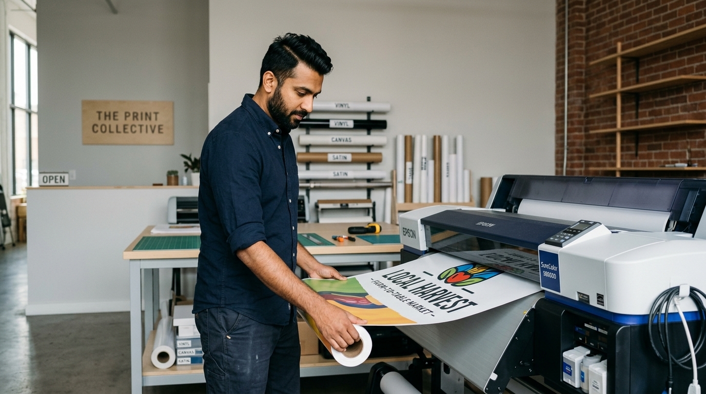 Print-shop owner checking a fresh print from his new large-format printer