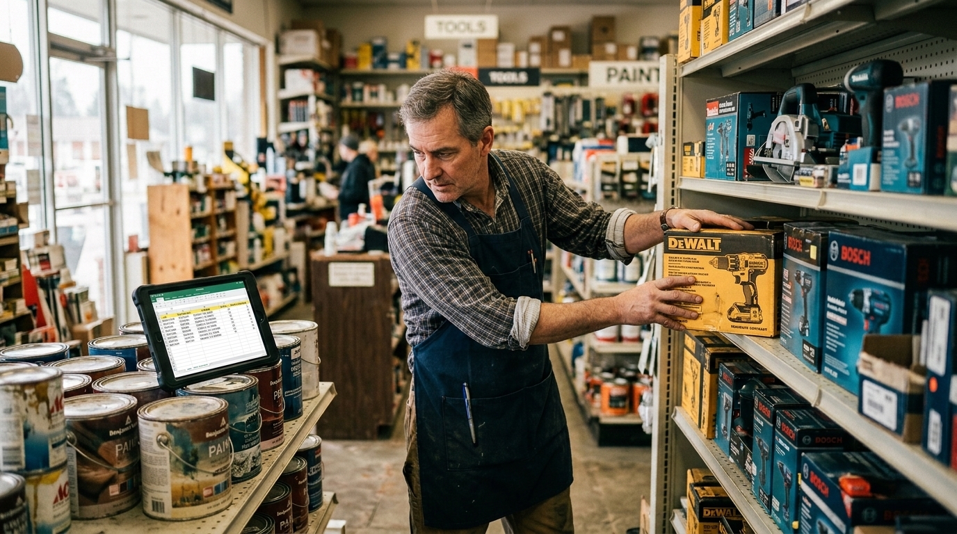 Hardware-store owner restocking shelves while checking inventory on a tablet