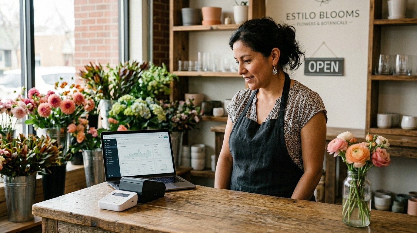 A small business owner reviewing her business credit dashboard on a laptop at her flower shop counter, with a card reader beside it