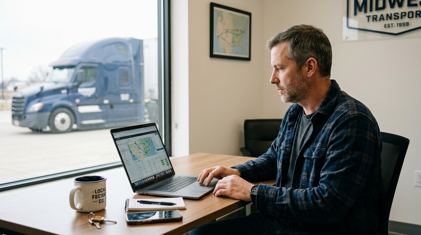 Freight-trucking owner comparing factoring options on a laptop