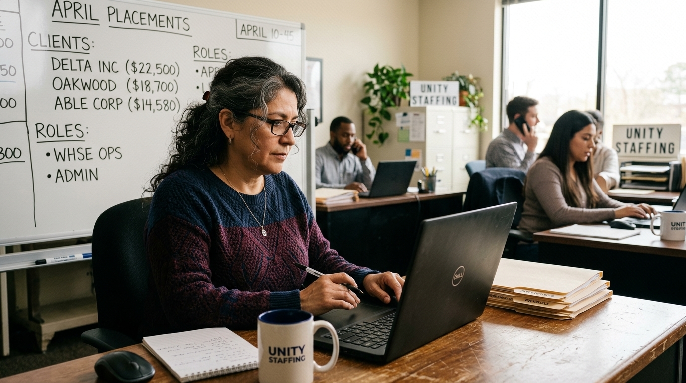 A staffing agency owner reviews invoices on her laptop at her office desk, planning which receivables to factor for faster cash flow