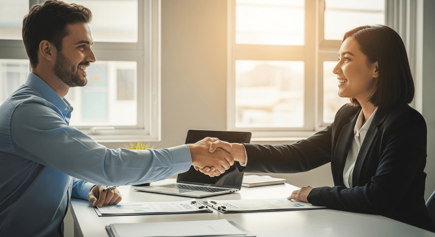 A small-business owner and a bank lender shaking hands across a desk, with loan documents and a laptop visible, in a bright modern office