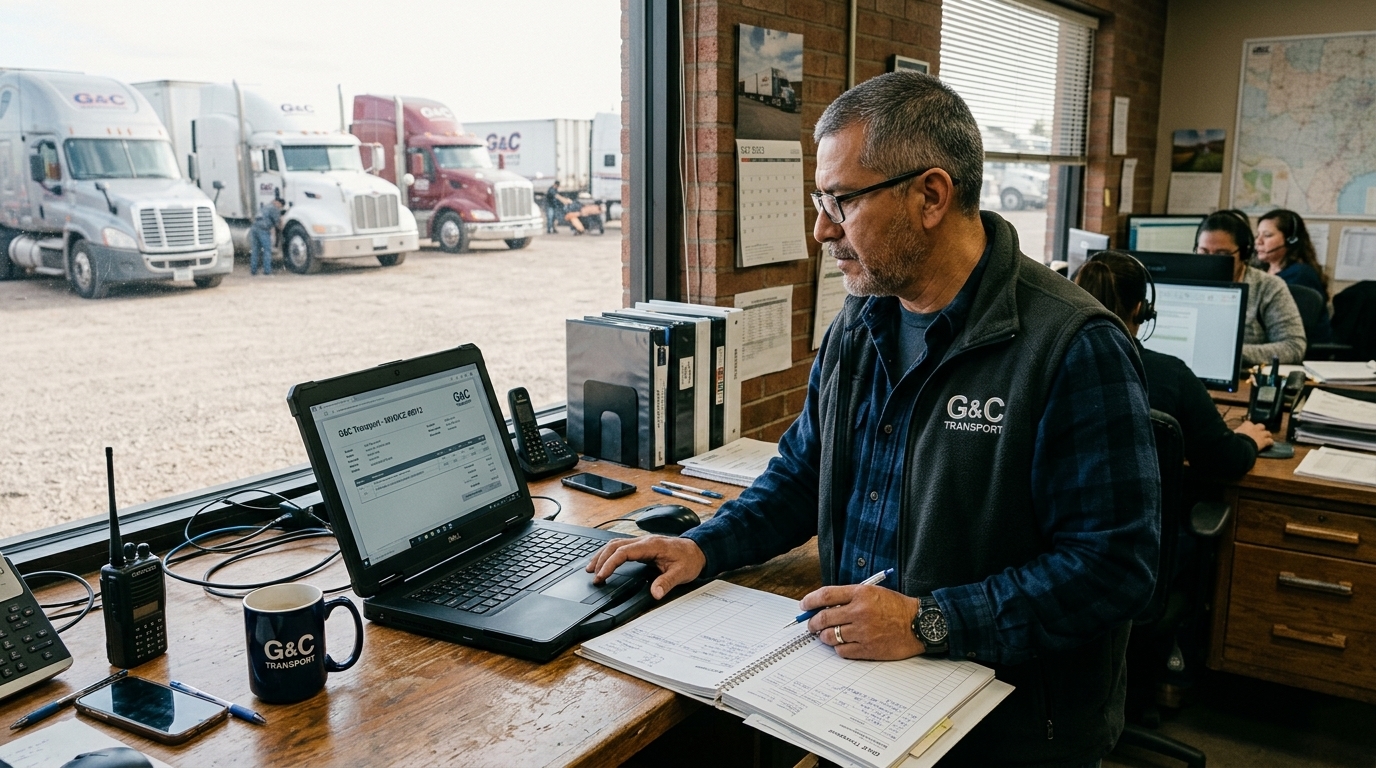 A trucking company owner reviews invoices on a laptop at his dispatch desk, with a fleet of semi-trucks visible through the window behind him