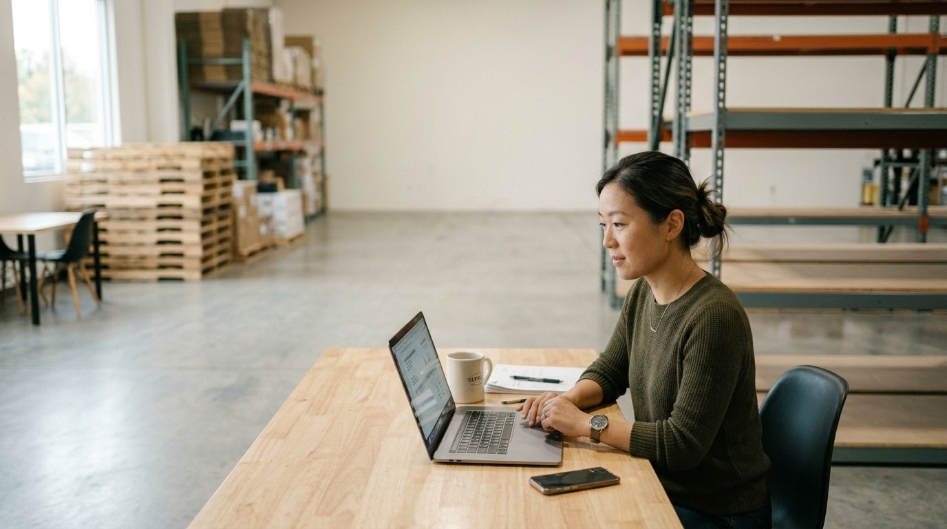 Wholesale-business owner reviewing an invoice on a laptop at her warehouse desk