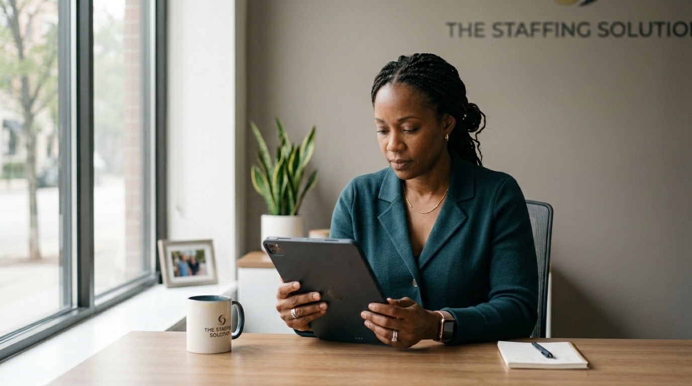Staffing-agency owner reviewing an invoice on a tablet at her desk