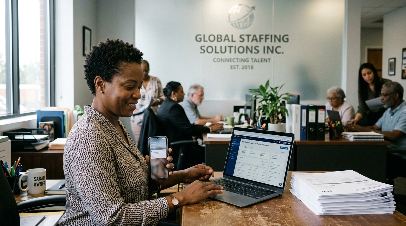 Staffing agency owner checking a cash deposit notification on her phone at her office desk, with client invoices stacked next to her laptop showing payroll software