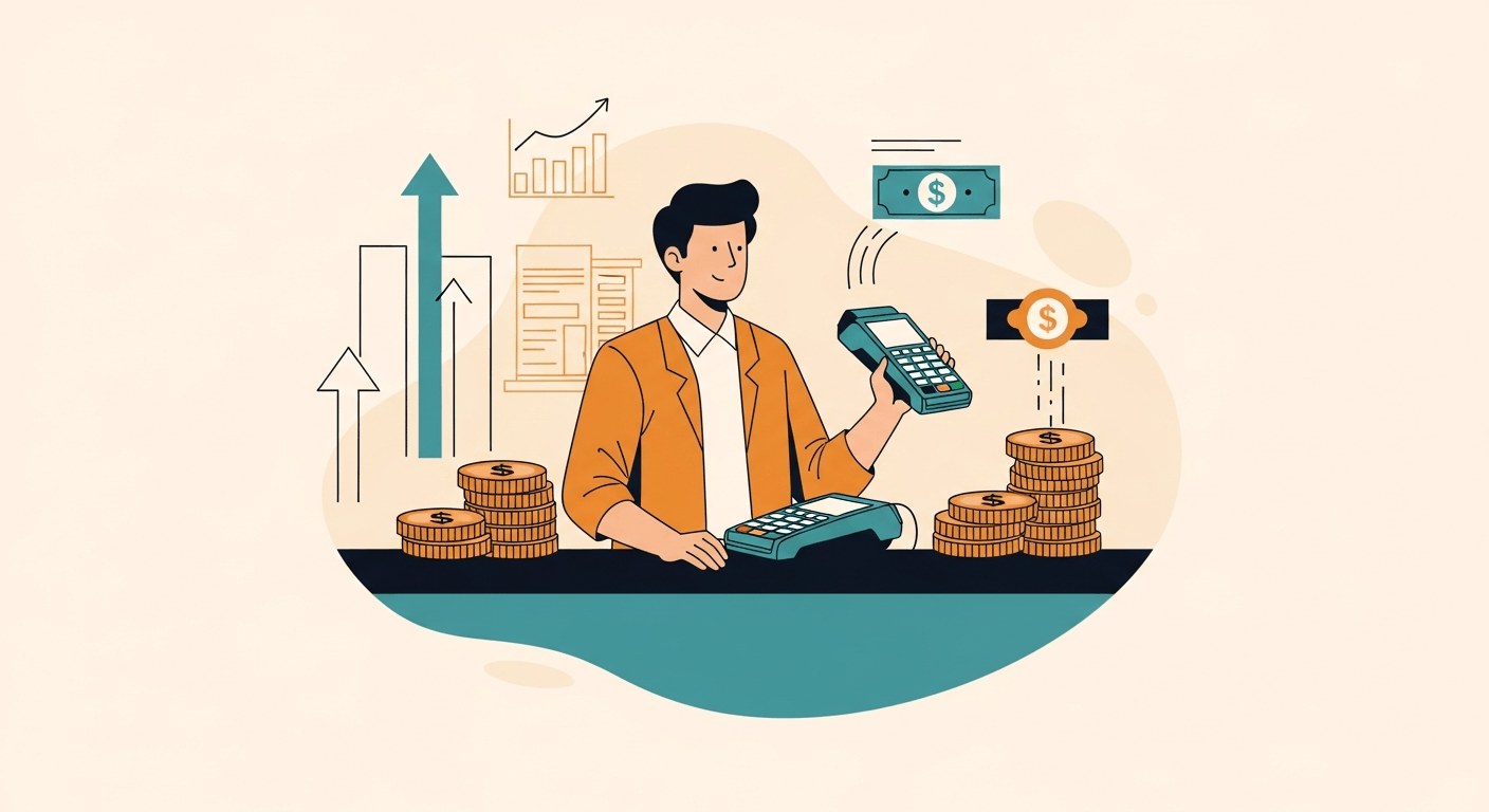 Small business owner at a shop counter with a payment terminal, illustrating the concept of a merchant cash advance and cash flow for small businesses