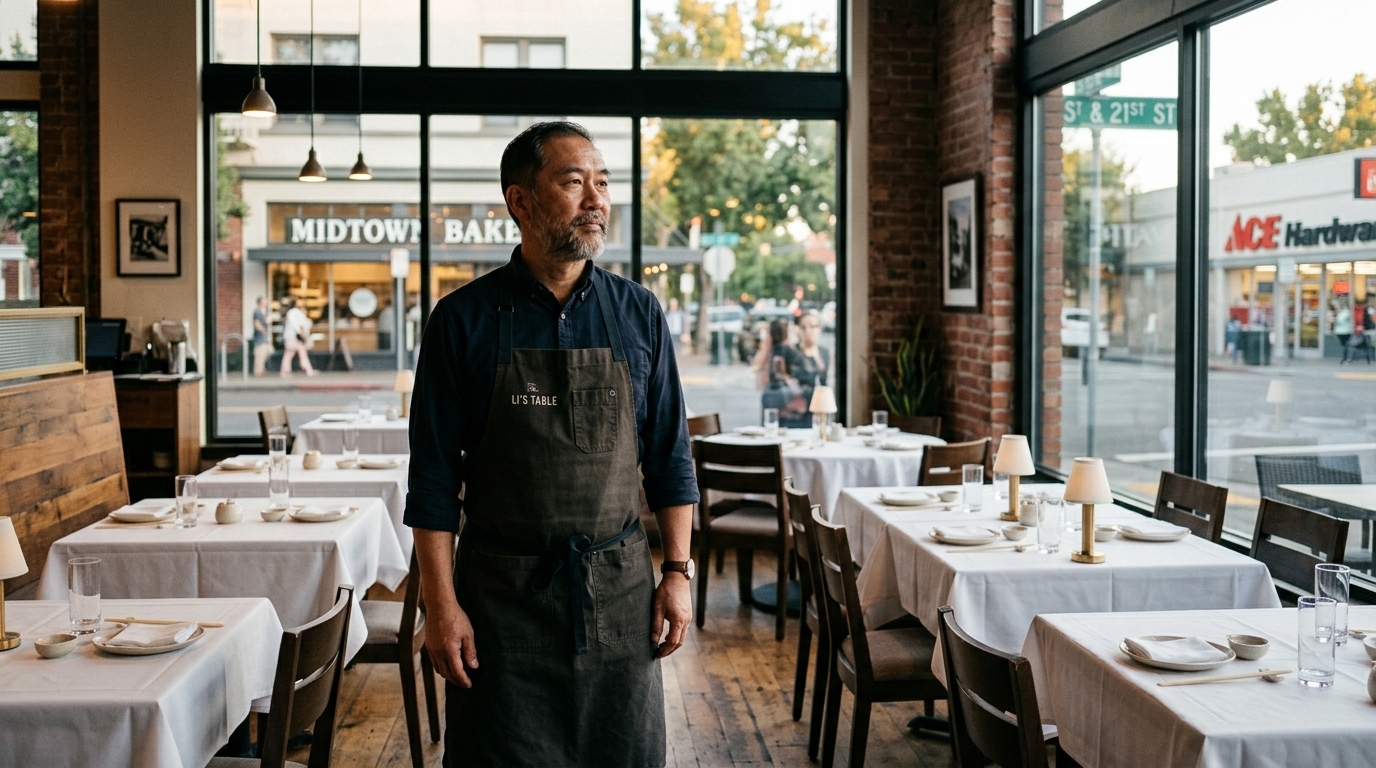James Chen, owner of Pacific Table restaurant in Sacramento, standing in the dining room before evening service