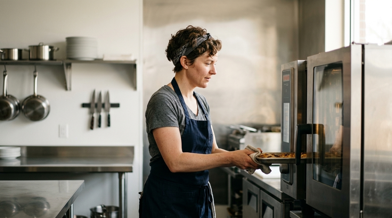 Restaurant chef-owner loading a tray into her new combi oven