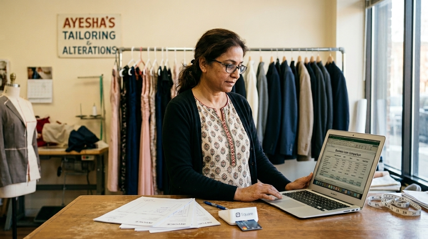 A small business owner reviewing loan options on a laptop at the counter of her tailoring shop, garments hanging in the background