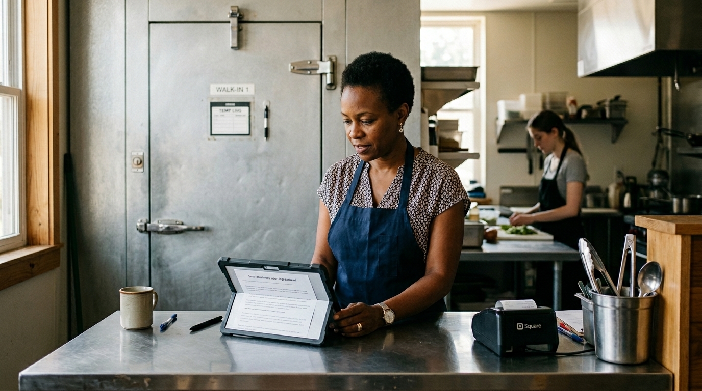 A Black woman restaurant owner reviews a term loan offer on a tablet at her prep counter, walk-in cooler visible in the background
