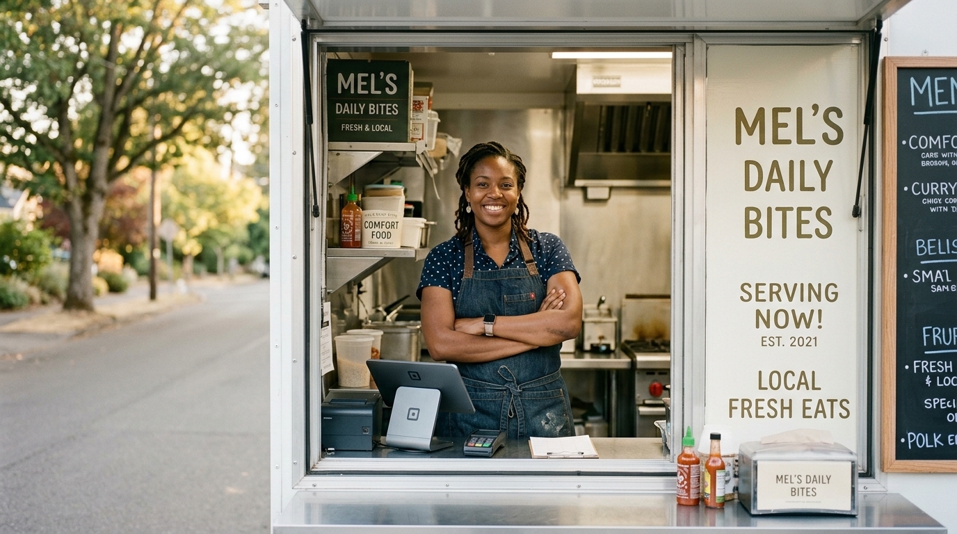 Food-truck owner standing in her service window on a quiet street