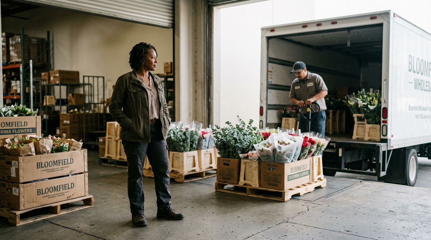 A small business owner stands at her warehouse loading dock watching inventory being unloaded, representing working capital and operational cash flow management