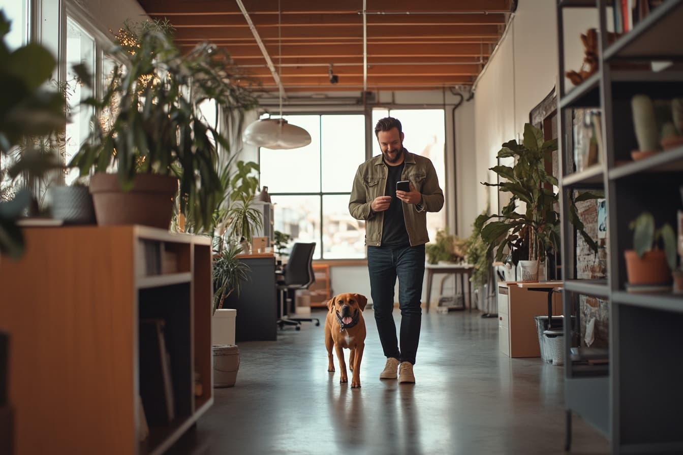 Team member walking with dog in our pet-friendly office space