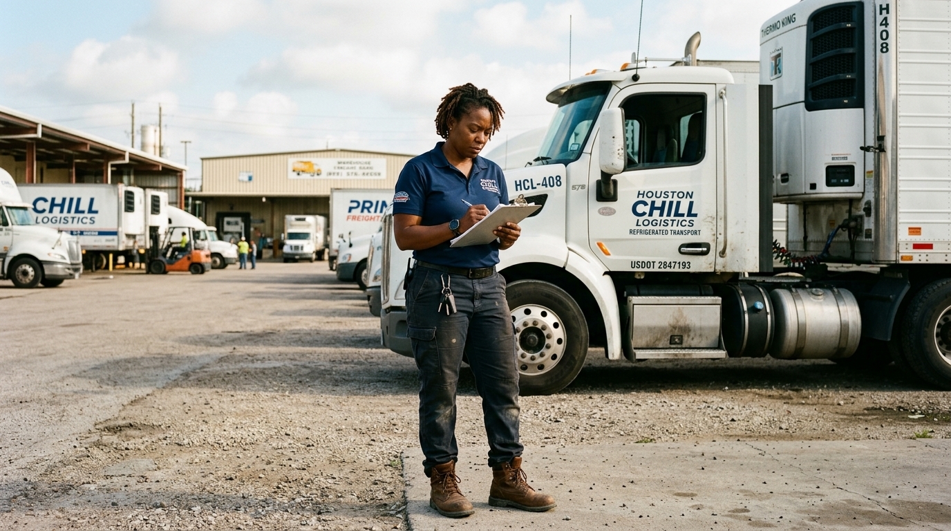 Renee Caldwell, owner of Caldwell Freight Solutions, reviewing logistics at her Houston freight yard