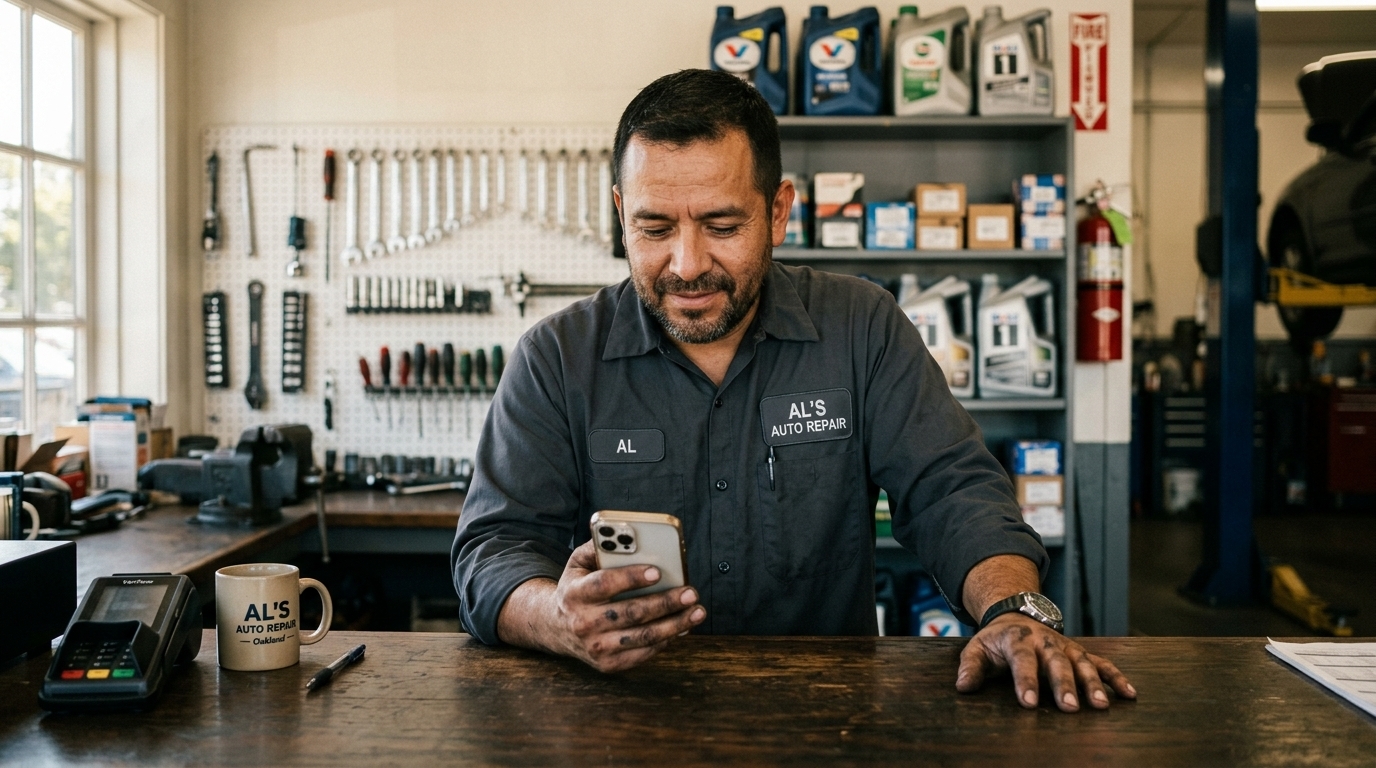Latino auto shop owner checking his phone at the counter, with a card reader beside him — illustrating a small business owner reviewing financing options