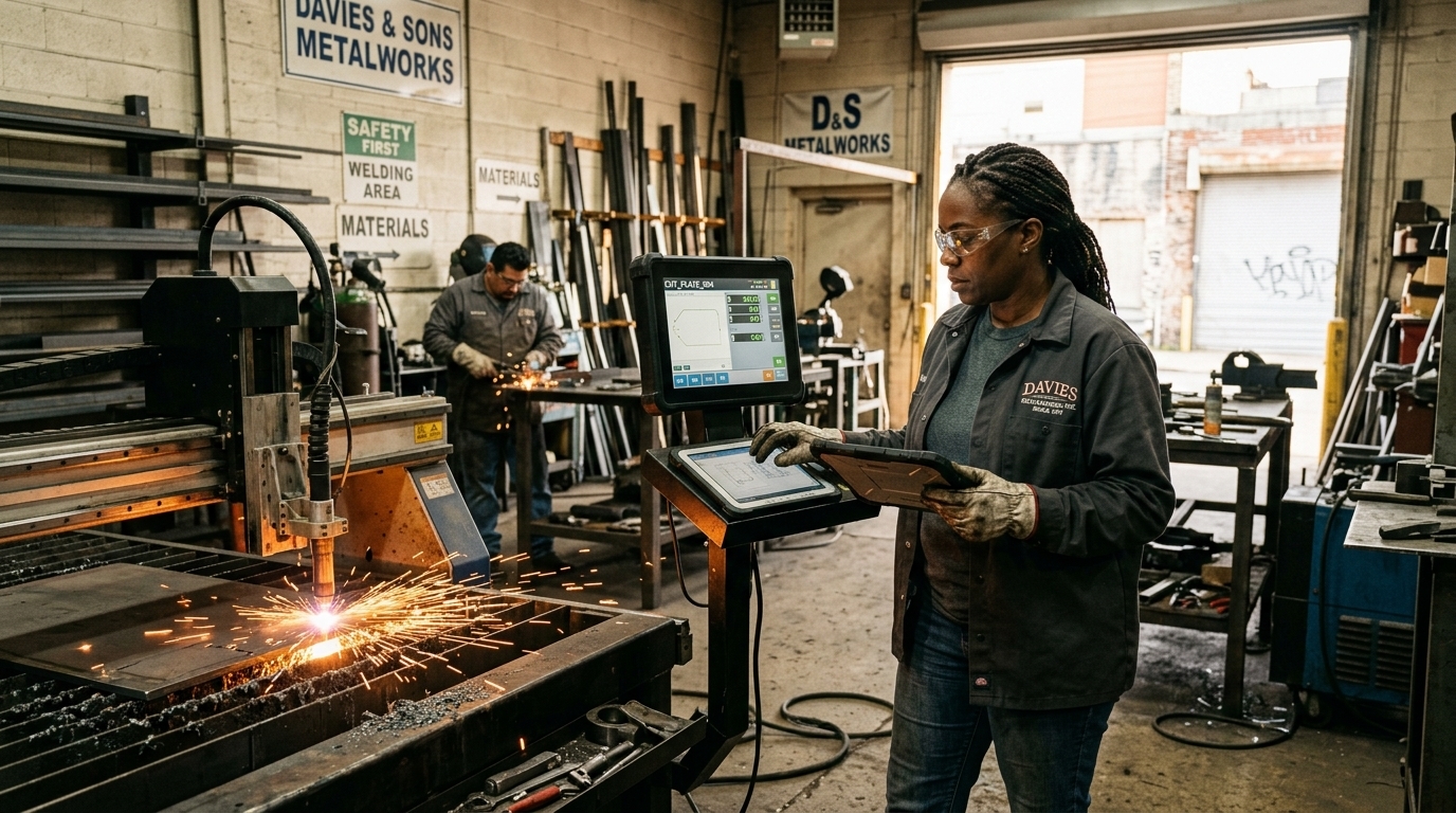 Metal-fabrication shop owner monitoring a new CNC plasma cutter on its touchscreen