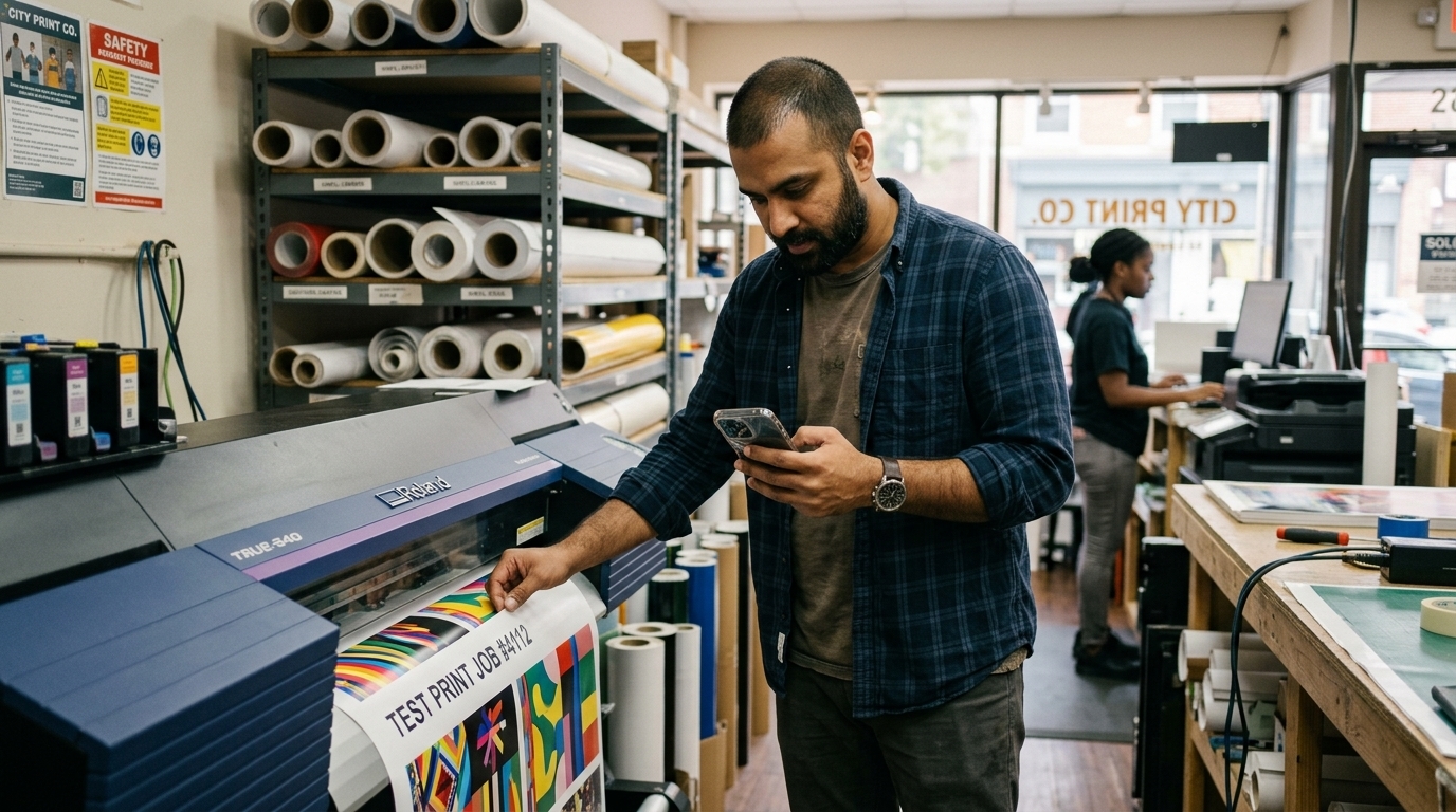 Print-shop owner checking a test print from a new large-format printer, phone in hand