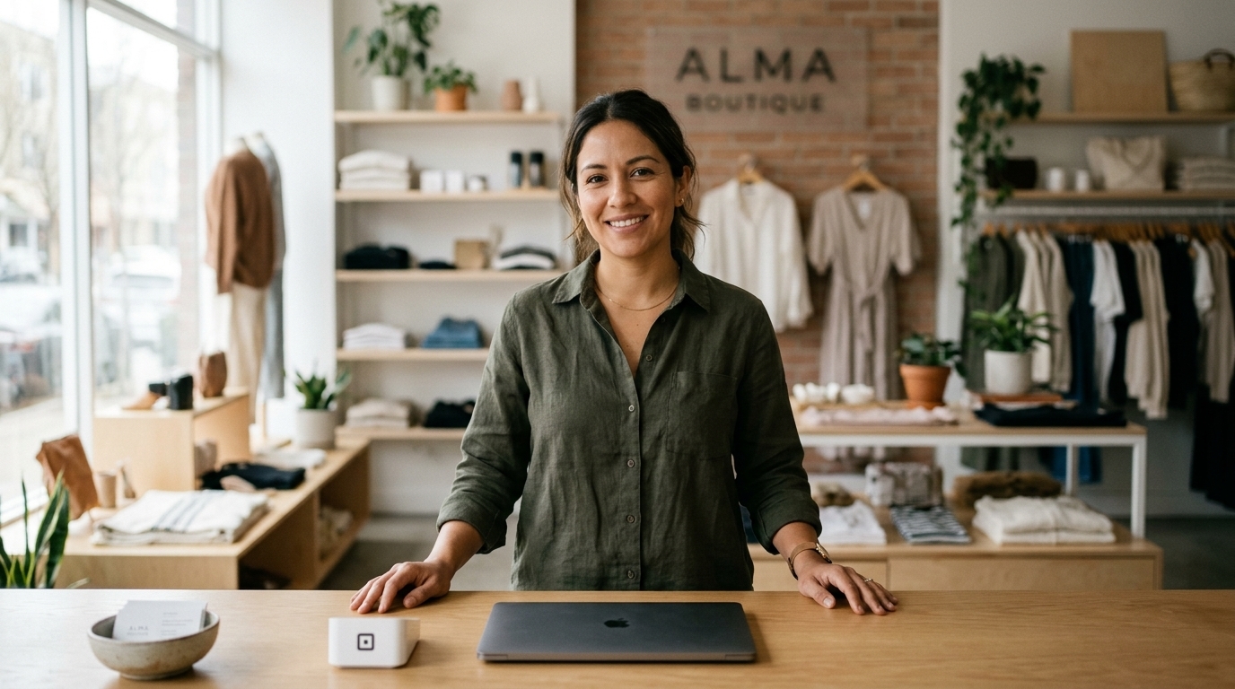 Boutique owner standing at her sales counter in a clean, uncluttered shop