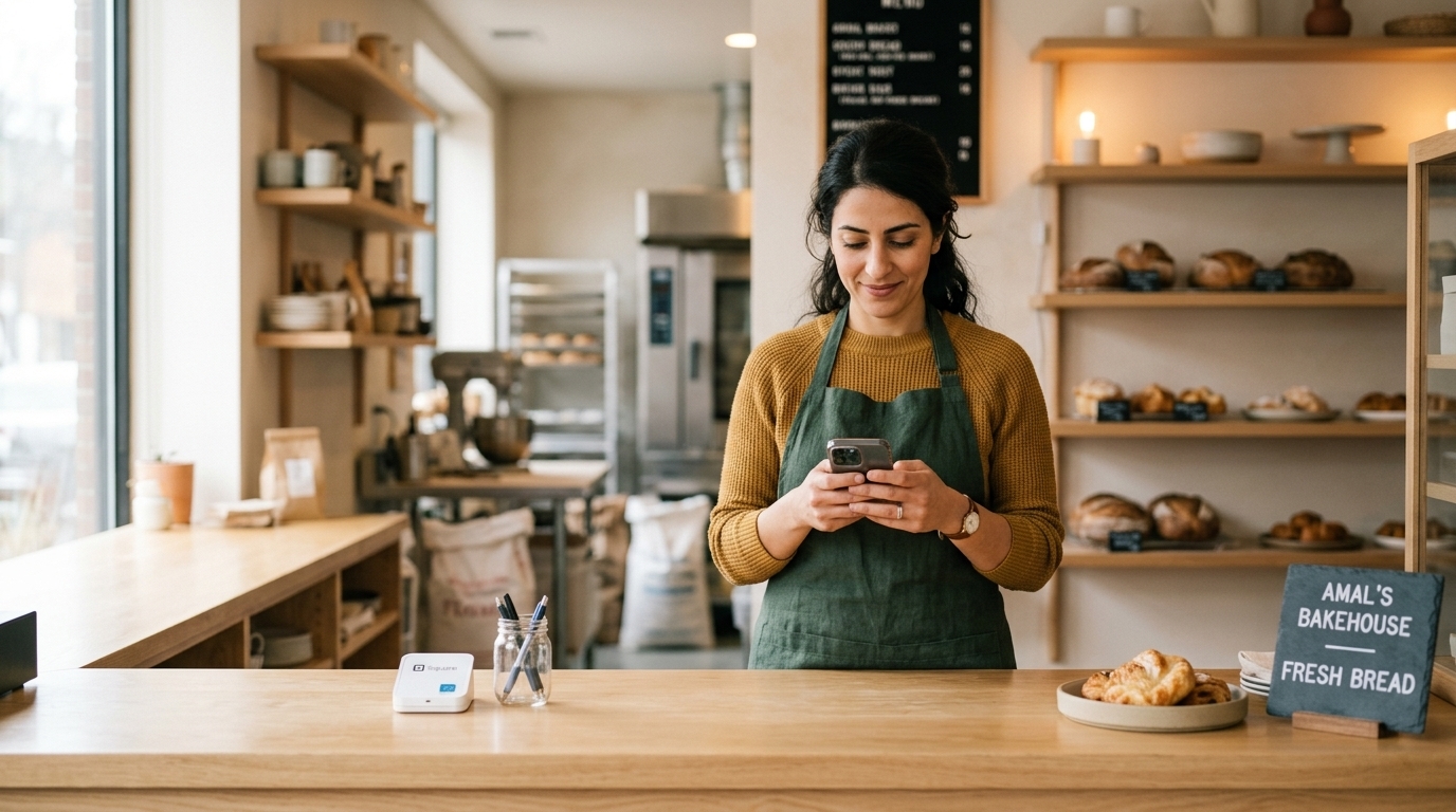 Bakery owner checking her phone at a clean front counter
