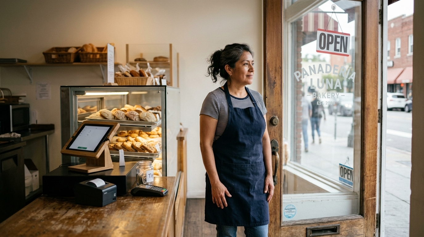 A Latina bakery owner standing at the entrance of her small business, looking out through the front door, with a pastry display case and point-of-sale terminal visible behind her