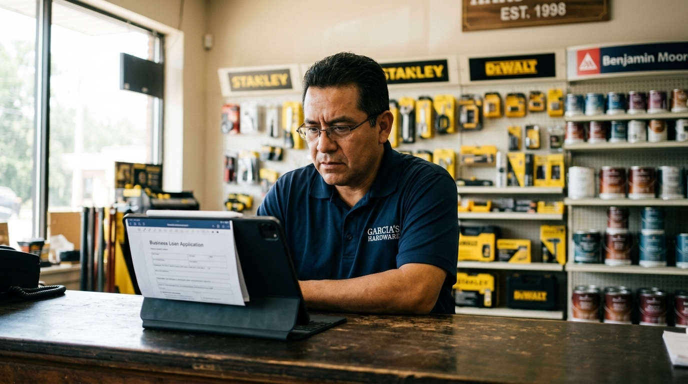 A hardware store owner reviews a business loan document on a tablet at his counter