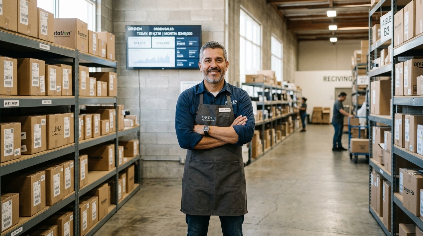 Latino small business owner standing confidently in a fulfillment warehouse aisle, inventory shelves behind him and a revenue dashboard on a wall screen