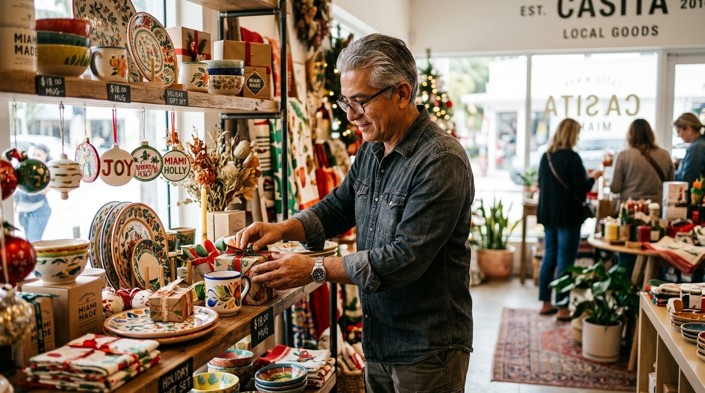 Roberto Fuentes arranging holiday décor and gift sets at Mirasol Home & Gift in Miami