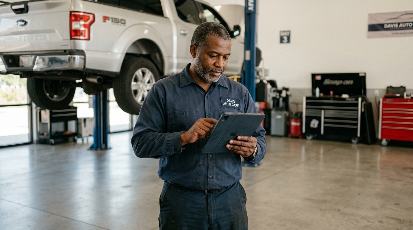 Auto-repair shop owner reviewing financing on a tablet in his service bay