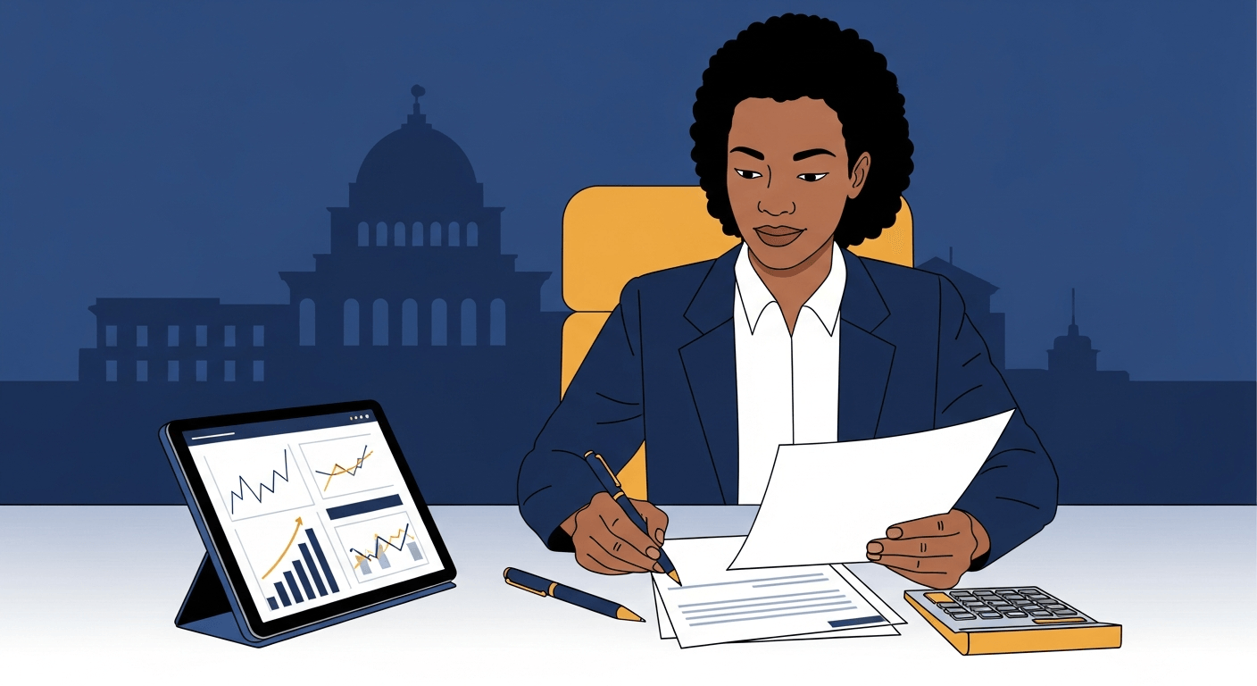 Small business owner reviewing SBA loan documents at a desk, with a government building in the background — illustrating the SBA loan application process