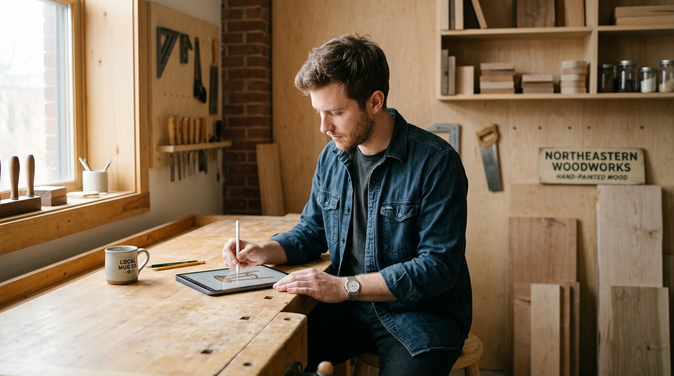 Woodworking studio founder sketching a product on a tablet at his bench