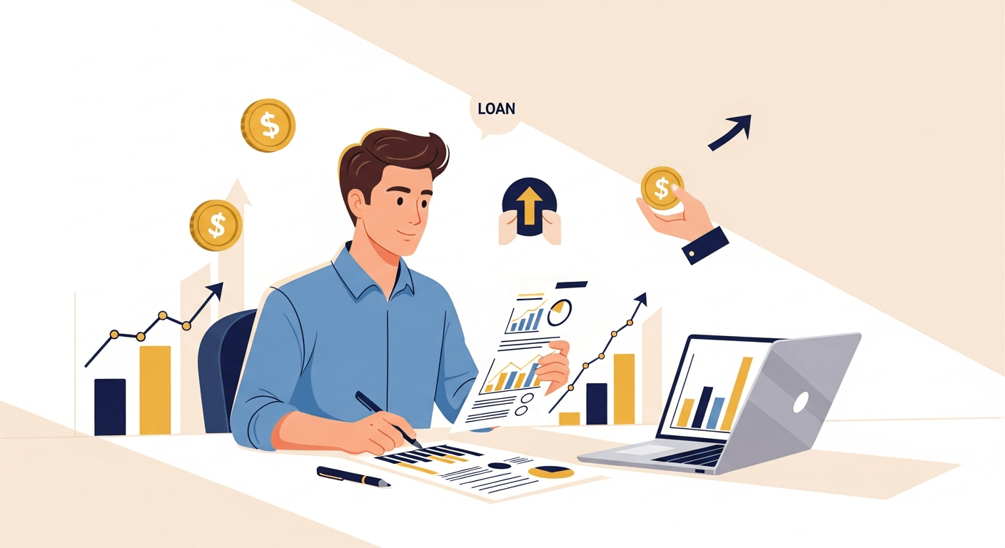 Young entrepreneur reviewing startup loan documents and financial projections at a minimal desk, representing small business funding options for new businesses
