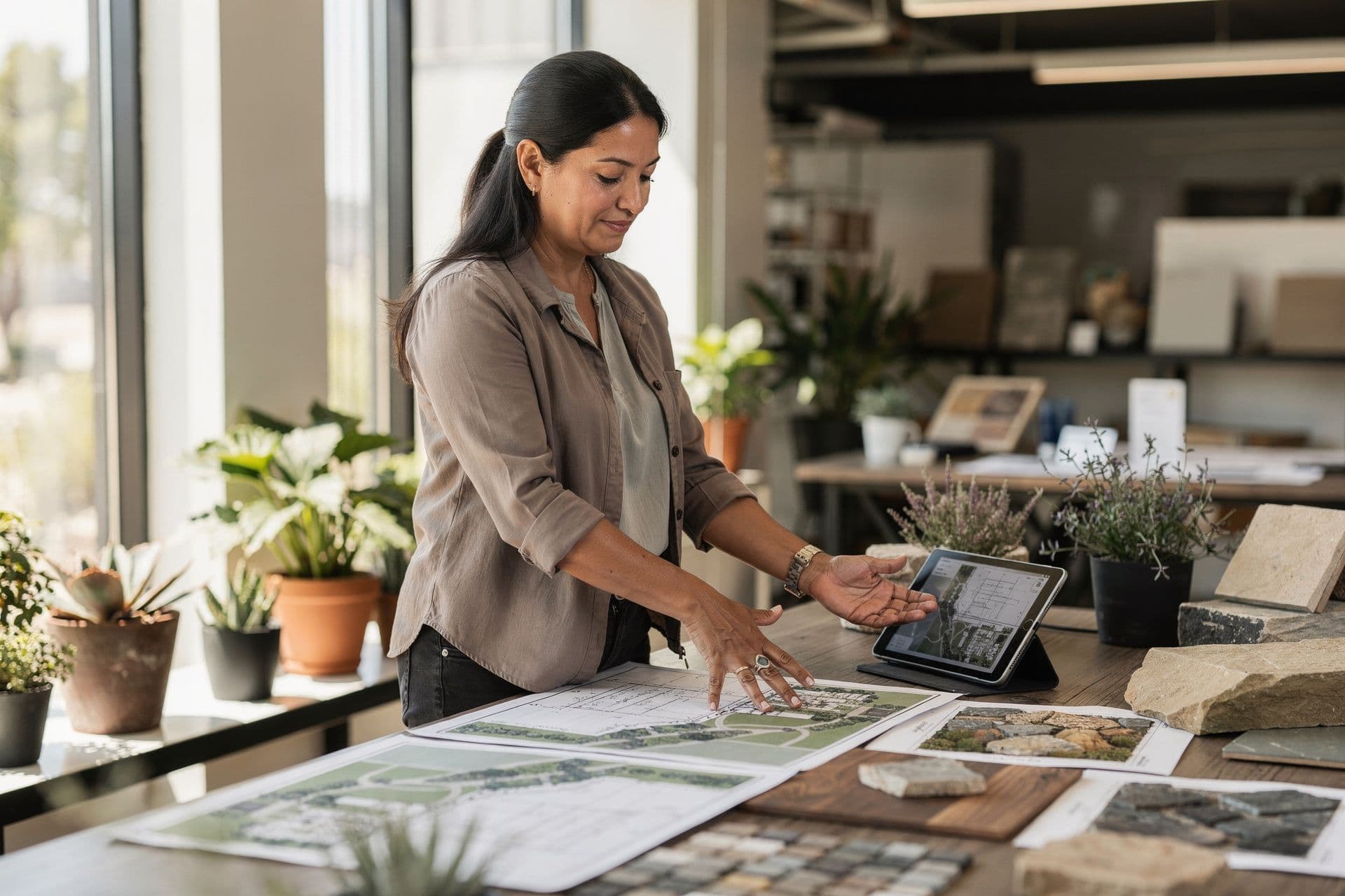 Catalina Navarro, Owner & Landscape Operations Director of Green Horizon Services a landscaping business in Central California standing at ease
