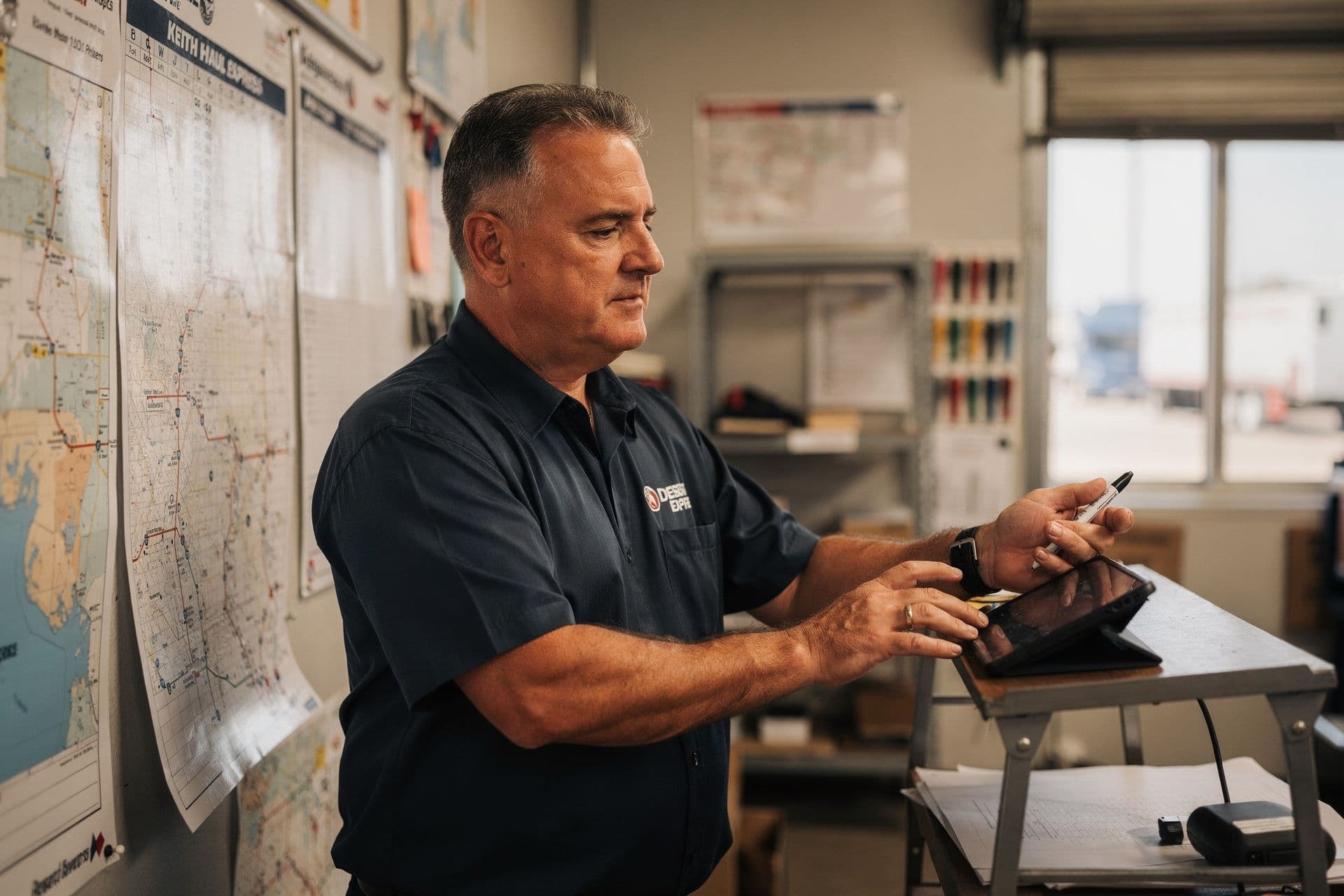 Keith Yarborough, Fleet Operations Manager of Desert Haul Express a trucking business in Arizona standing with a steady, professional presence